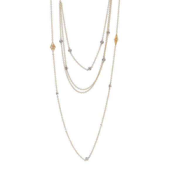 Yellow Gold Diamond Multistrand Necklace - 14k Round .12ctw Station Adjustable - Picture 1 of 6